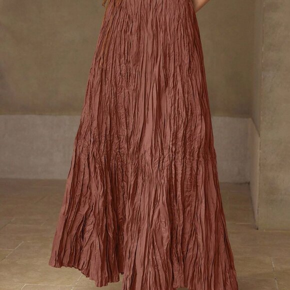 Orange Elegant Women's Premium High Waist Plisse Maxi Skirt - Picture 6 of 7